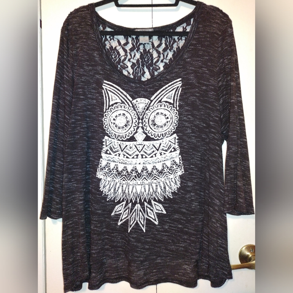 1X New Directions Heathered Grey  Tribal Owl Tunic W/ 3 Quarter Length Sleeves